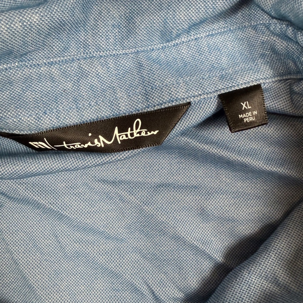Travis Mathew Mens XL Blue Pima Cotton Blend Palm Tree Stripe Pocket Polo Shirt